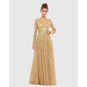 MAC DUGGAL Size 6 Gold Sequined V Neck Illusion Sleeve A Line Gown Dress $598